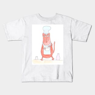 Cat prepares food. Cooking, cook. Food ordering. Food delivery. Watercolor illustration humorous. Humor, fun design modern Kids T-Shirt